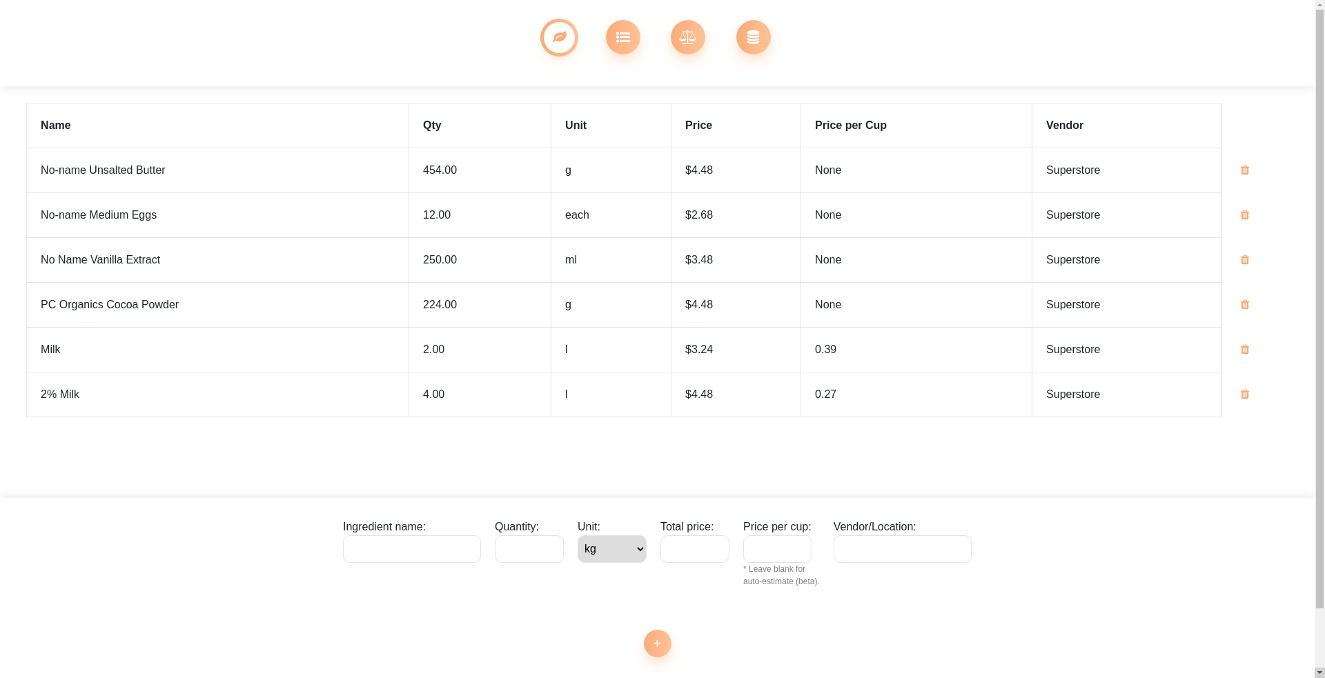 Screenshot of ingredient page.