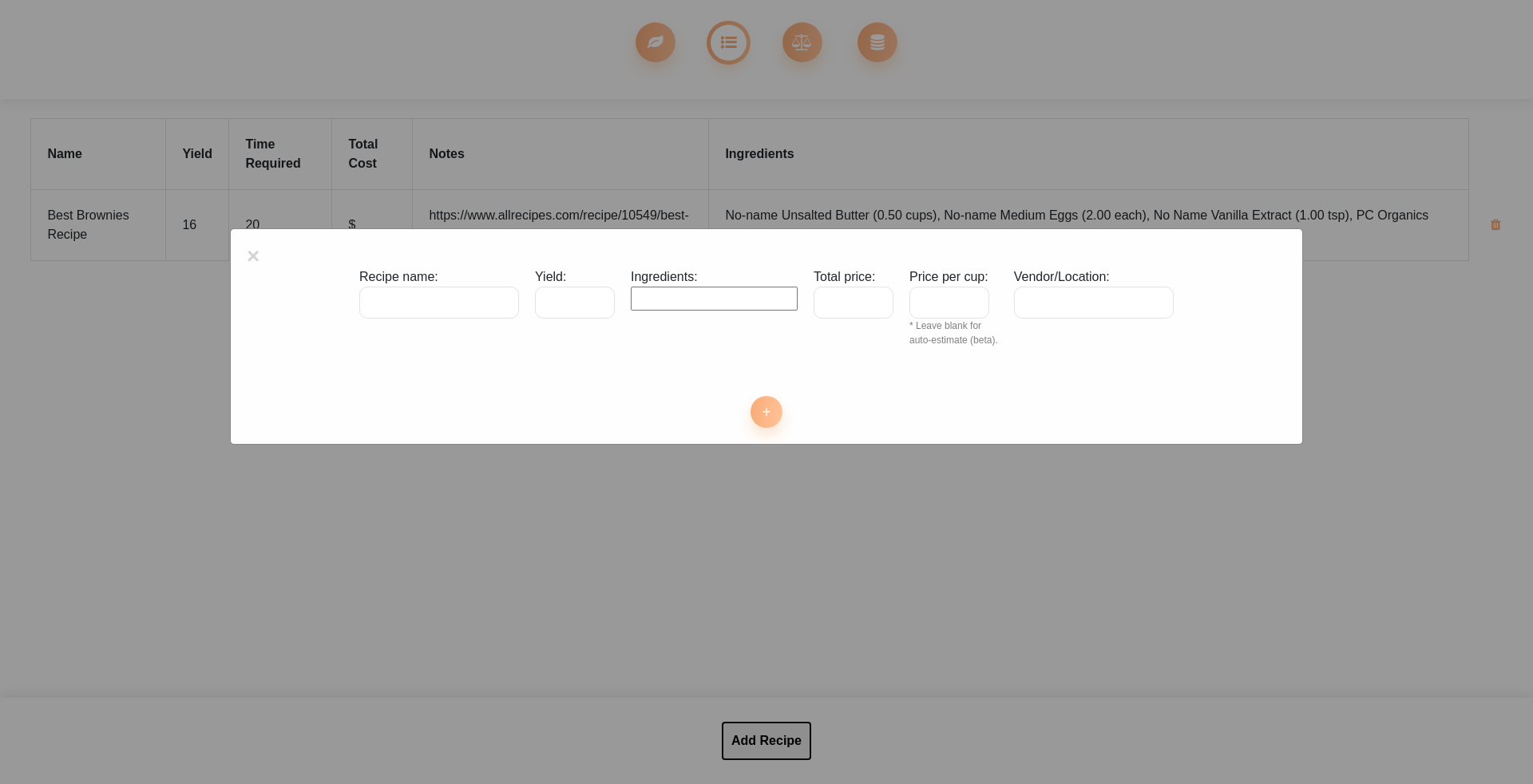 Screenshot of recipe adding modal box